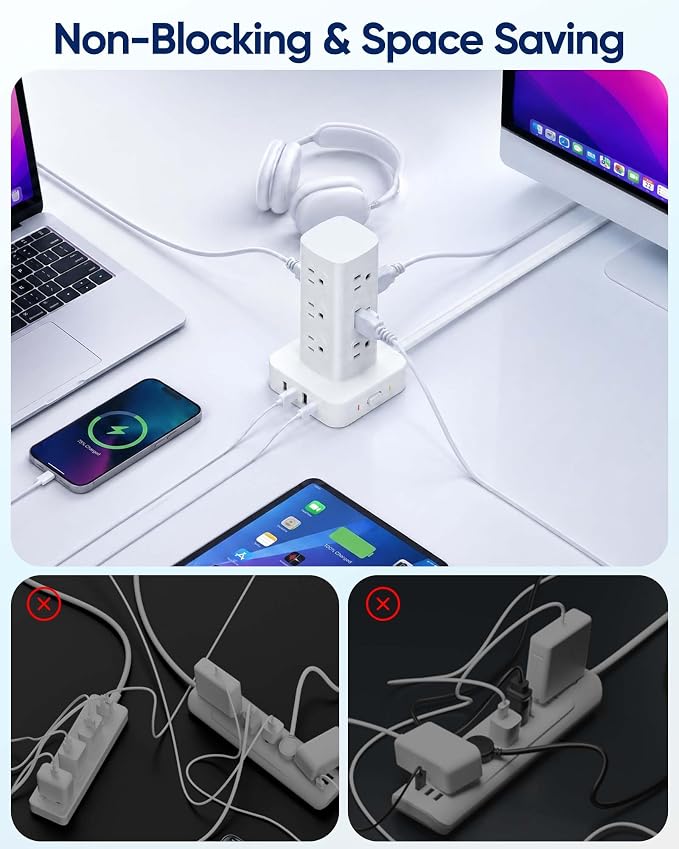 Power Strip Tower Surge Protector(2000J), Flat Plug Charging Station Tower with 12 AC Outlets & 4 USB Ports(2 USB C), 6FT Extension Cord for Home Office Dorm, White - Image 6