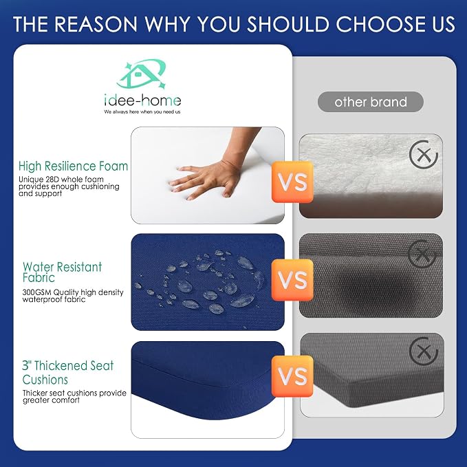 idee-home Outdoor Chair Cushions Set of 4, 19" x 19" D-Shaped | Thick Outdoor Seat Cushions Waterproof Patio Furniture with Ties Dining Pads - Image 3