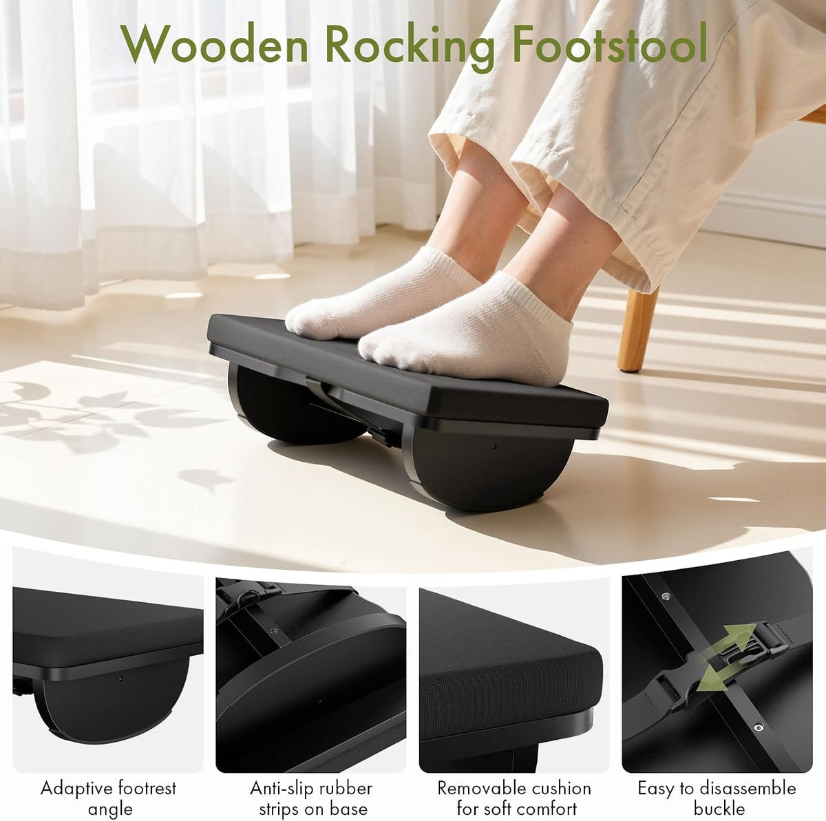 Wooden Under Desk Foot Rest with Detachable Cushion (Black) - Image 4
