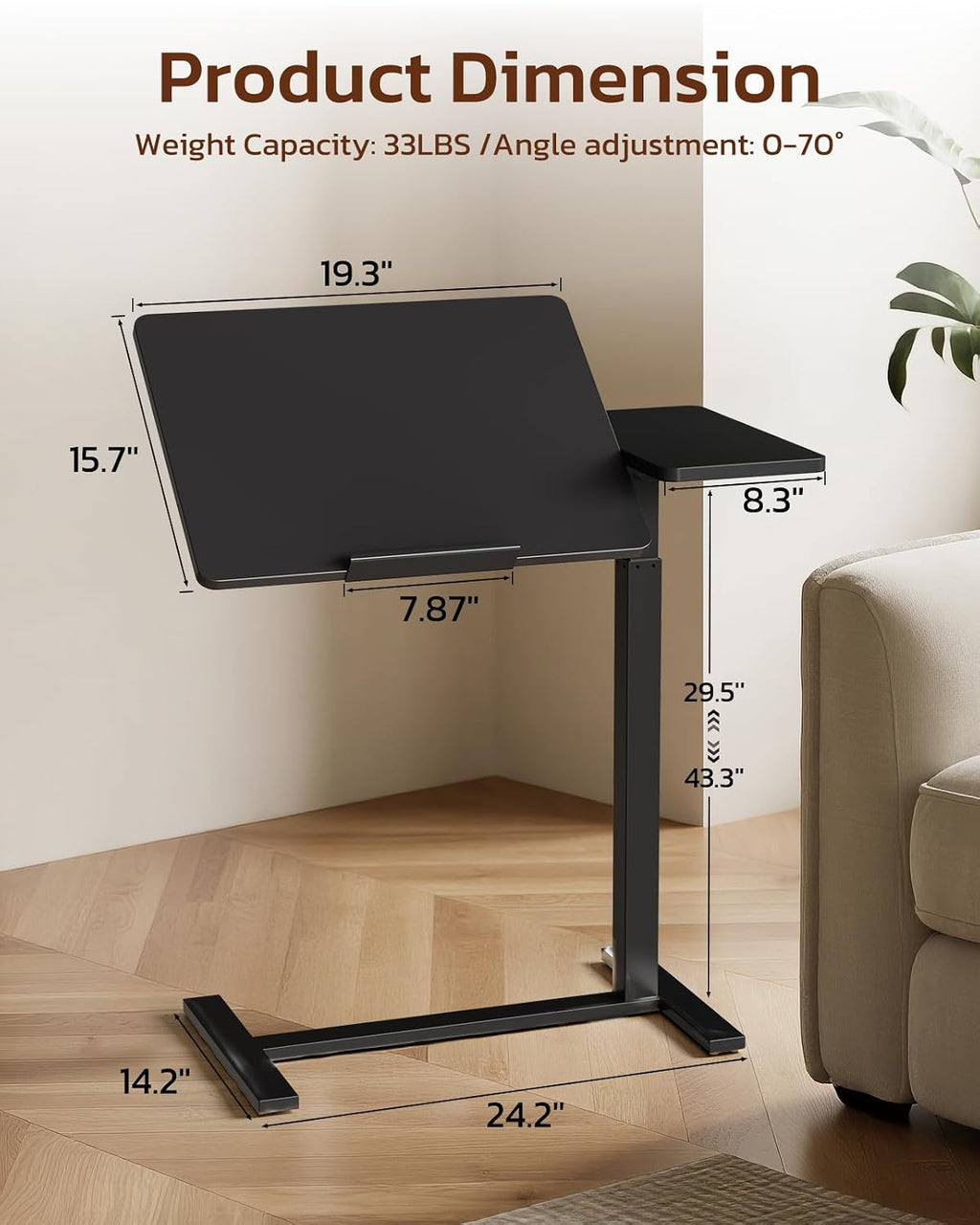 Simple Deluxe Standing Rolling Desk with Hidden Casters, Height Adjustable Pneumatic Mobile Laptop Desk, Tilting Bedside Table for Laptop, Overbed Bedside Table Hospital Home Use, Black - Image 3