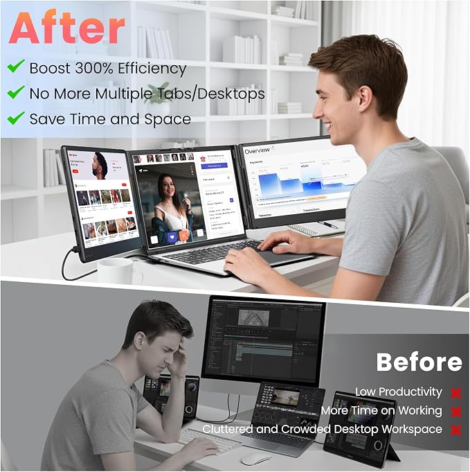 Redalf 14" Triple Laptop Screen Extender, FHD 1080P Portable Laptop Monitor | Auto-Adjust Width, Plug & Play via USB-C/HDMI, Fits 13–17" Laptops, Dual Monitor for MacOS/Windows/Chrome - Image 5