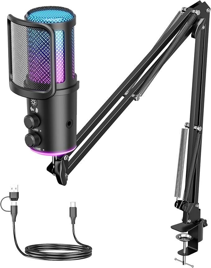 Gaming USB Microphone, Noise Cancellation Condenser Mic with Mute,Boom Arm Mic-Reverb Adjustment, Monitoring for Streaming, Podcasting, Discord, YouTube,PC, Computer, PS4, PS5, Mac by ONIKUMAGAMING