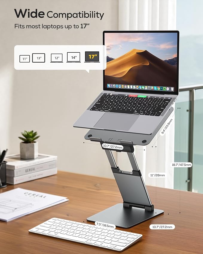 Nulaxy Pull-Out Height Adjustable Laptop Stand for Desk, 22 LB Support | Full Aluminum Standing Desk Holder, Vented Panel, Dual Foldable Design, Compatible with 10-17 Inch Laptops, Office Essentials - Image 9