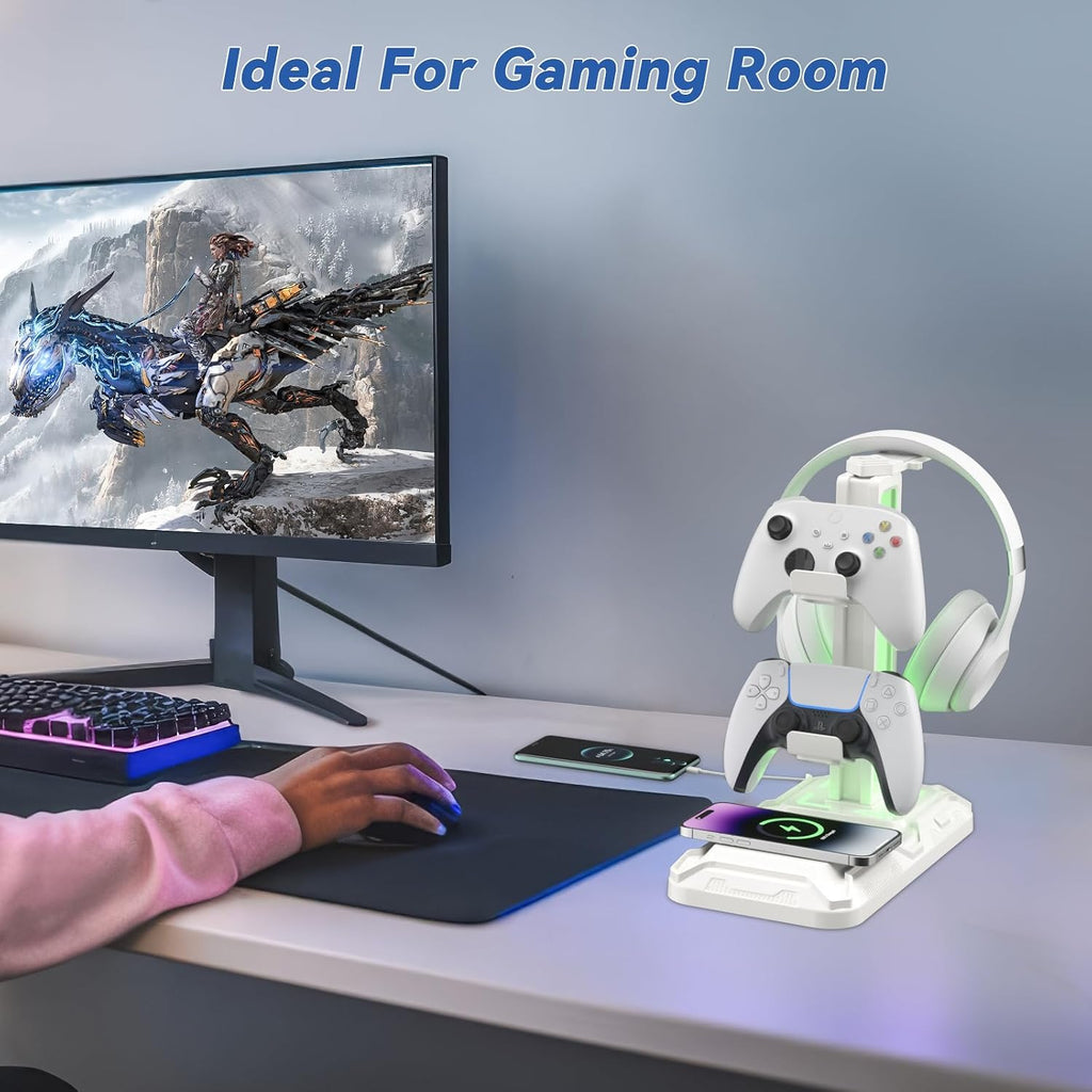 KDD RGB Headphone & Controller Stand with Wireless Charging - Rotatable Headset Stand with 9 Light Modes - Controller Holder with 2 USB and Type C Ports - for Gamers Desktop Accessories(White) - Image 7
