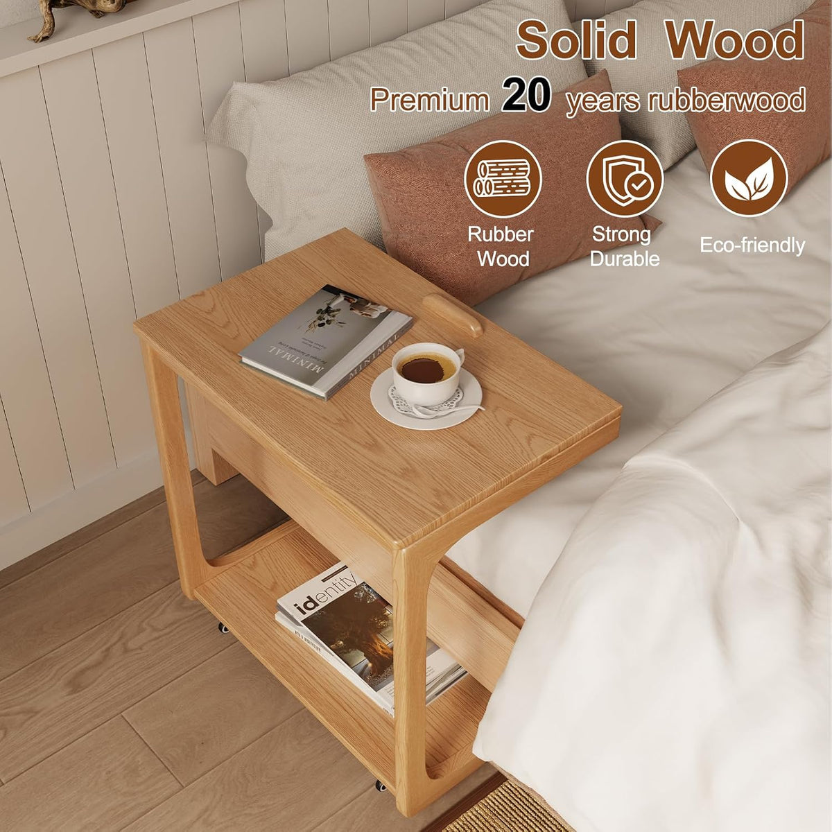 AQIMUELE Wooden C-Shaped End Table,Couch Table with Adjustable Desktop,Small Rolling Side Table with 2 Lockable Wheels 23.6" Width,Small End Table for Couch, Living Room,Bedroom (Natural) - Image 7