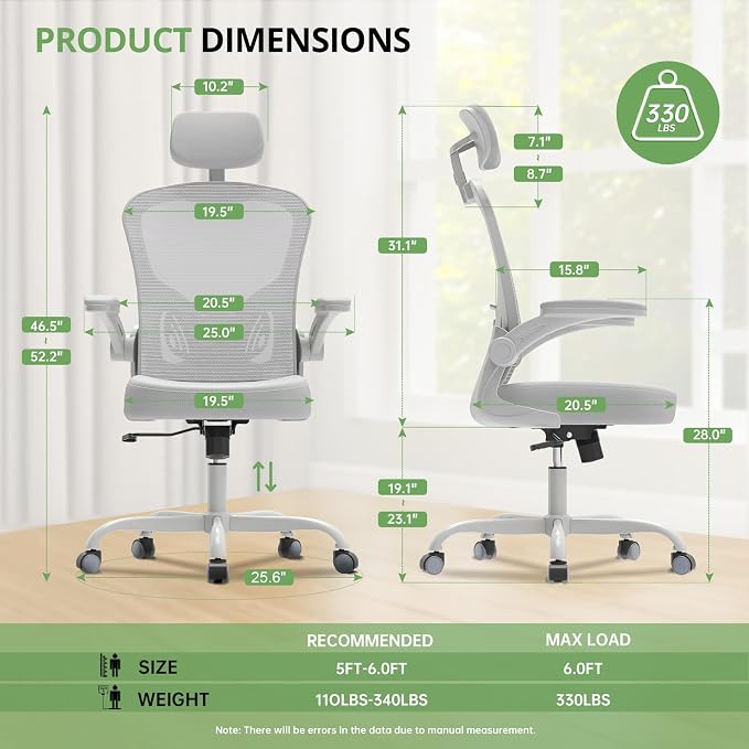 Office Chair|330LBS Capacity Ergonomic Desk Chair | High Back Computer Chair,Long Hours Comfortable,Rolling Swivel,Flip-up Armrests,Home Office - Image 2
