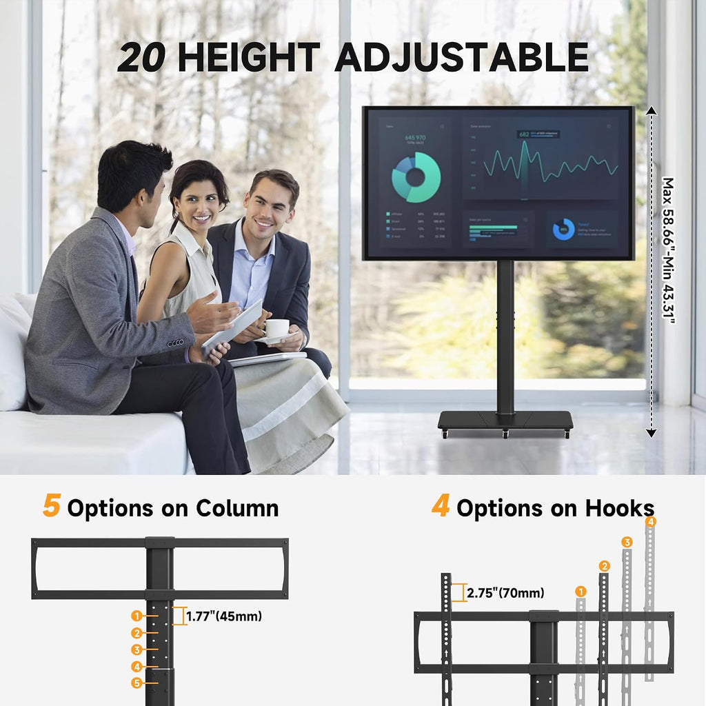 Tall Floor TV Stand for 32-75" TV Portable Rolling TV Cart with Wheels Height Adjustable with Wood Base, Holds up to 88 lbs, Max VESA 600x400mm TS005HB - Image 5