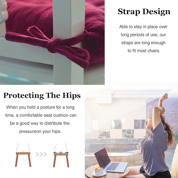 2 Pack Square Seat Cushion Chair Pads for Kitchen Dining Chairs, Soft Comfort Velvet Chair Mat Pillow Cushions with Ties for Office Desk Living Room Tatami 15.5", Burgundy - Image 4