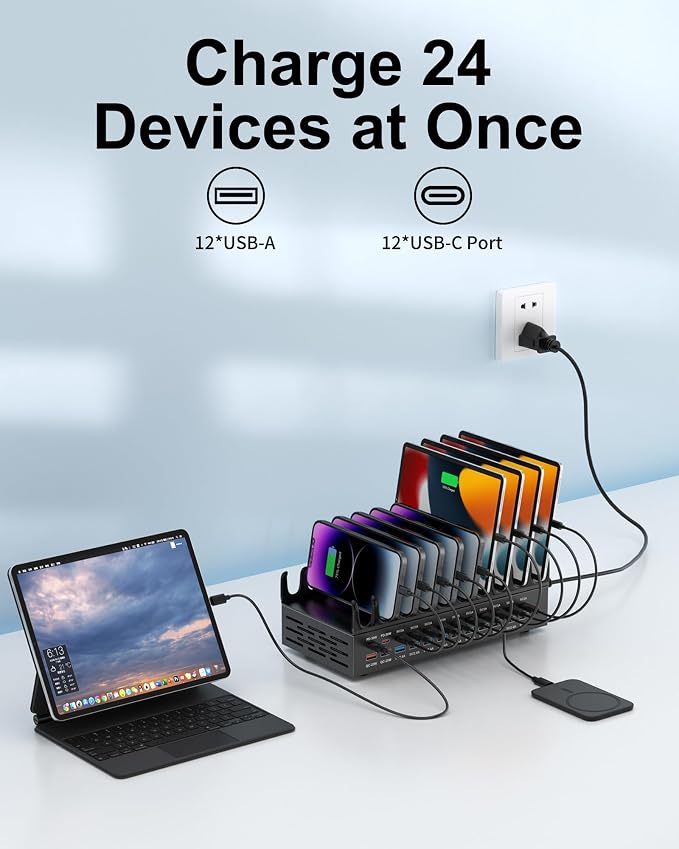 24 Ports 420W Charging Station for Multiple Devices, Iron Alloy USB Charger | with 30W Power Delivery, Multi Fast Charger Dock for Phone Tablet, Home, Office, School - Image 2