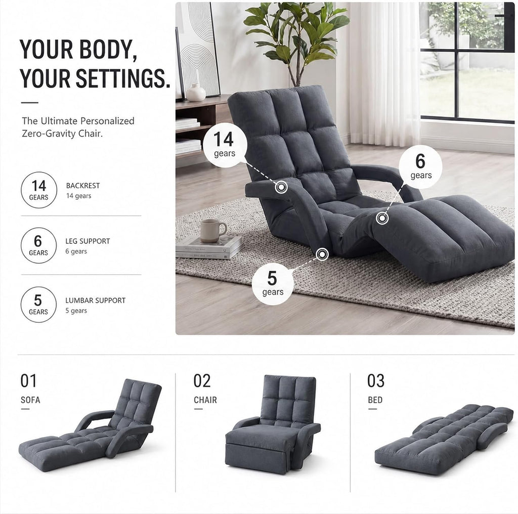 Adjustable Floor Chair with Adjustable Footrest, Folding Lazy Meditation Prayer Chair, Multi-Position Reclining Floor Gaming Chair for Reading, Watching TV, Relax(Grey) - Image 3