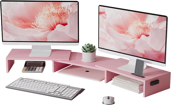 BONTEC Dual Monitor Stand Riser, Adjustable Length & Swivel Angle, Pink | Ergonomic Wooden Desktop Organizer with Smartphone Holder, Computer Monitor Stand for PC, Laptop, Printer and Large Storage by BONTEC