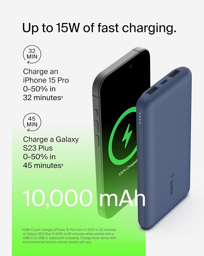 Belkin 10000mAh 15W 3 Port Power Bank, USB A to USB C Cable Included | Fast Charging, iPhone 17, Samsung Galaxy, Pixel, Airpods, iPad, Nintendo Switch 2, Battery Pack, USB C Port, USB A Port - Image 6
