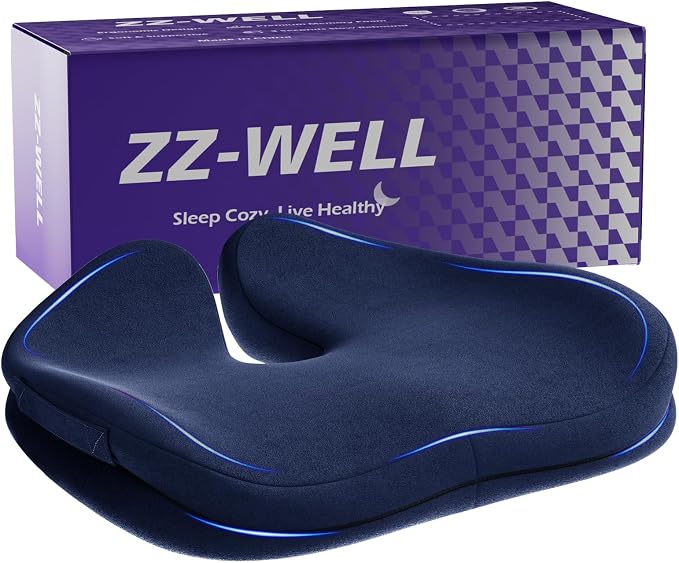 ZZ-WELL Seat Cushions for Office Chairs, Patented Pressure Relief Coccyx Cushion for Tailbone Pain, Memory Foam Butt Pillows for Wheelchair Car Sitting, Carrying Handle, Non-Slip (Navy Blue, Large) by ZZ-WELL