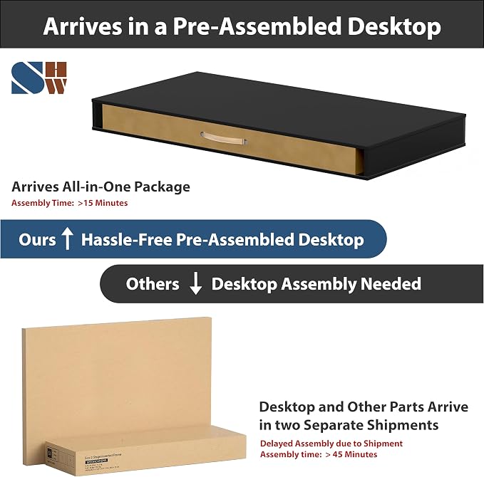 SHW 48-Inch Electric Height Adjustable Desk w/Keyboard Tray, Black | w/ 2 Drawers | Memory Presets and Cable Management | Hanging Hooks - Image 5