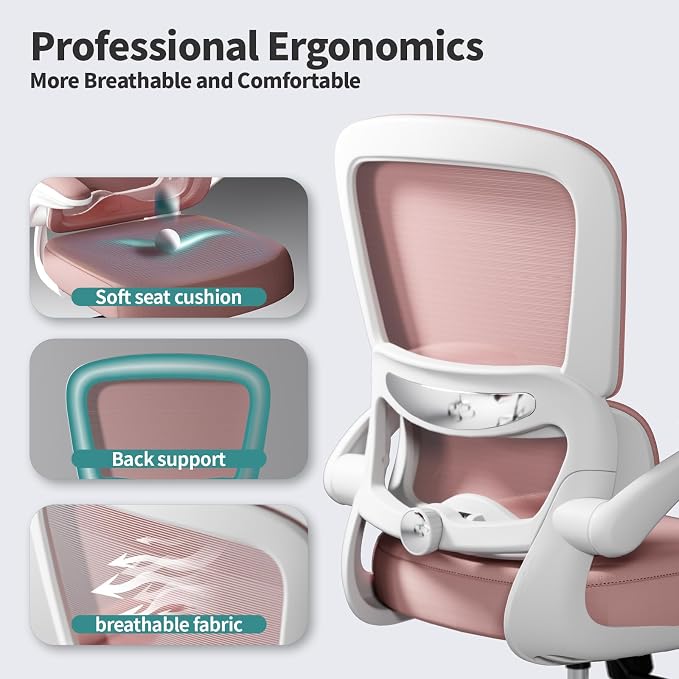 TRALT Office Chair - Ergonomic Desk Chair with Adjustable Lumbar Support, Mesh Computer Chair, Executive Chair for Home Office Comfortable Lumbar Support (1, Pink) - Image 3