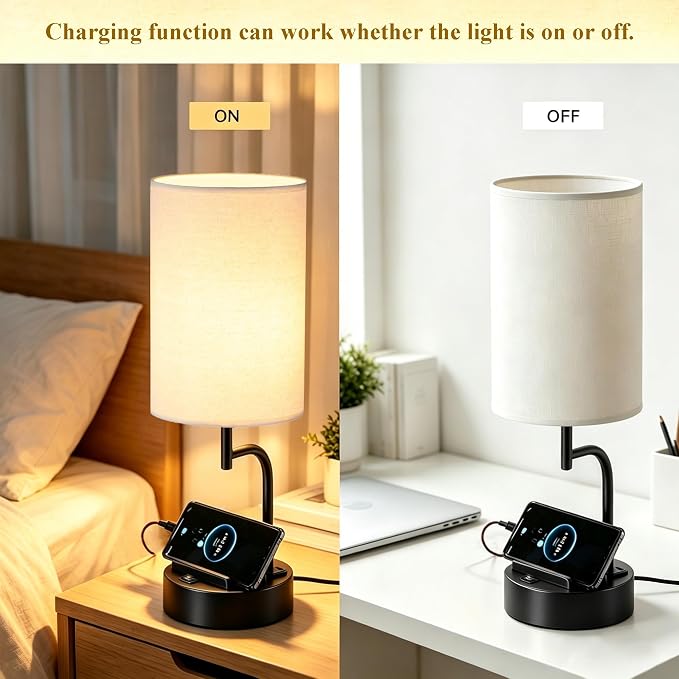 Dreamholder 2 Pack Table Lamp, Bedside Lamp with 3 USB Charging Ports & AC Outlet, USB Desk Lamp with 2 Phone Holders, Linen Fabric Shade Nightstand Lamps for Bedroom Living Room Office, Black - Image 5