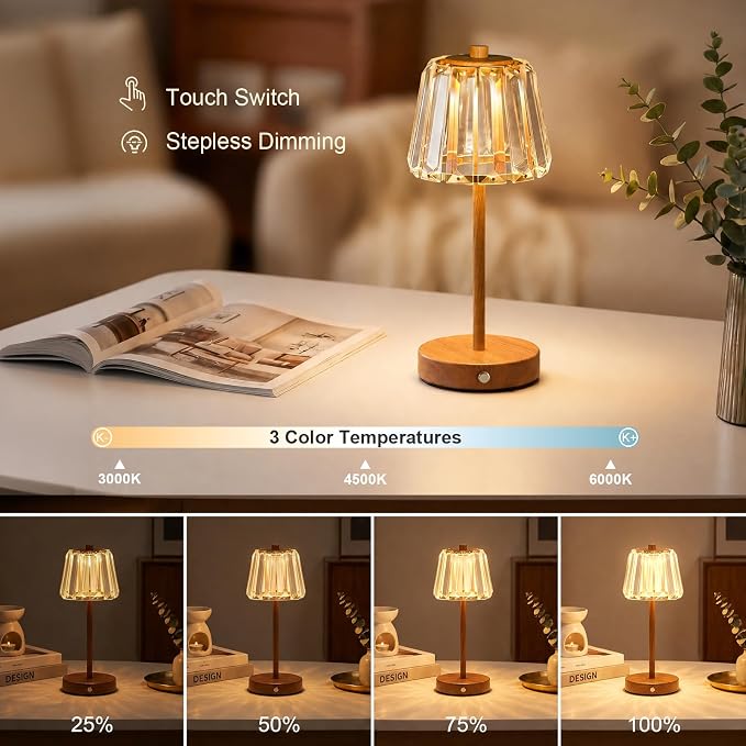 13" Small Crystal Cordless Table Lamp, Touch Rechargeable Desk Lamps | 3 Color Temps, Stepless Dimming, Wood Grain Portable Battery Operated LED Desk Lamps for Bedside, Nightstand, Kitchen, Patio - Image 3