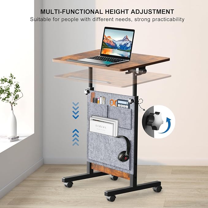 KOUPA Height Adjustable Flip Standing Desk with Wheels and Bag,24Inch | Portable Rolling Mobile Desk , 360° Flip Top, Sturdy Steel Frame, for Home Office, Small Spaces,Height 32"-47" Rustic Brown - Image 5