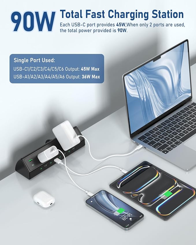 Jgstkcity 90W Desk Clamp Power Strip,12 USB Ports (6 PD 45W USB-C),Surge Protector,ETL Listed Power Hub Extension Cord,Fast Charging Station for Home Office Desk Edge Mount (Black,12 USB-90W) - Image 3