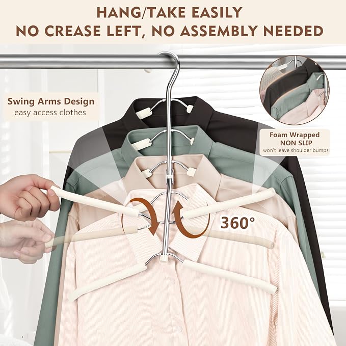 Space Saving Clothes Hangers,6 Tier Non Slip Shirt Hangers Closet Organizer | Space Saving Coat Hanger with Foam Padding,Closet Organizers and Storage for Shirts, Sweaters, Jackets,2 Pack,Beige - Image 2