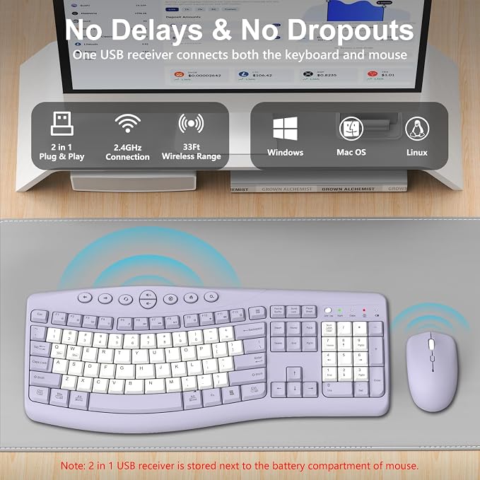 Wireless Keyboard and Mouse Combo, 2.4G Quiet Ergonomic Curved Keys (Purple-B) - Image 3