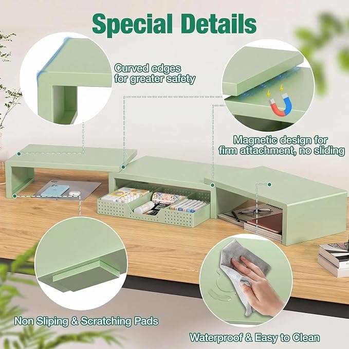 Dual Computer Monitor Stand Riser, Desk Organizer with Drawer, Office Desk Accessories & Workspace Organizers for Home Office Supplies, Green - Image 5