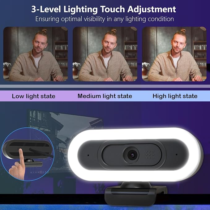 2k Webcam with Ring Light/Microphone,PC Gaming Computer Camera | PC Webcam with RGB Light/Cover/Tripod,Autofocus,65°FOV,Plug and Play USB C Web Camera for Laptop Streaming/Zoom Meeting - Image 3
