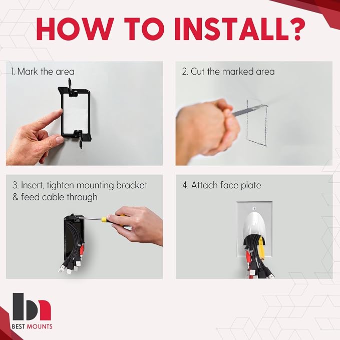 2 Pack Wall Plate Cable Pass Through with Bracket - In Wall Cable Management Kit - Recessed Cable Wall Plate Pair with Single Gang Low Voltage Mounting Bracket - Decorator Cover for Low Voltage Cables - Image 7