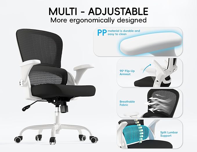 TRALT Office Chair - Ergonomic Office Chair with Back Support for Adults | Home Office Desk Chair with Lumbar Support - Ergonomic Mesh Chairs 330 lb Wide Seat for Work,Office, Gaming(White Black) - Image 4