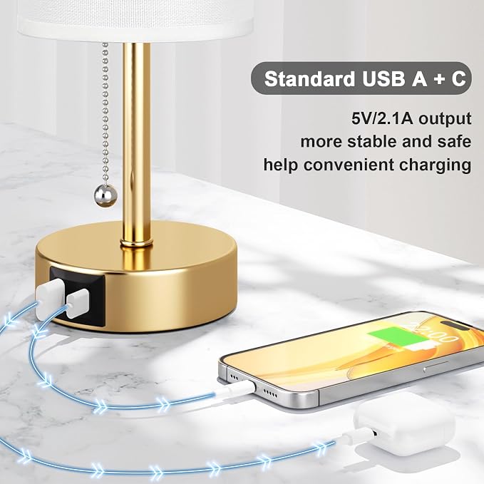 Gold Bedside Lamp for Bedroom Nightstand - Small Table Lamp with USB Ports | USB A+C Ports, 3 Color Temperatures, LED Bulb Included, White Fabric Shade, Gold Brass Metal Base, 14" Tall Desk Lamp - Image 6