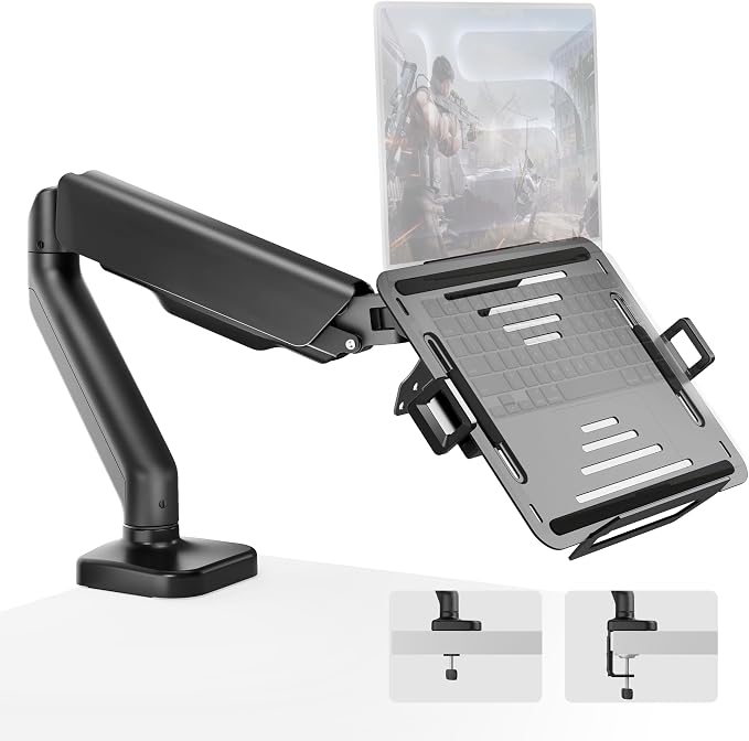 monTEK 2-in-1 Laptop & Monitor Desk Mount, Fits 12–18"Laptops & 32" Screens | 2-in-1 Desk Mount with Removable Vented Laptop Tray, Full Motion Arm with Clamp/Grommet Base, 75/100 VESA Mount by monTEK