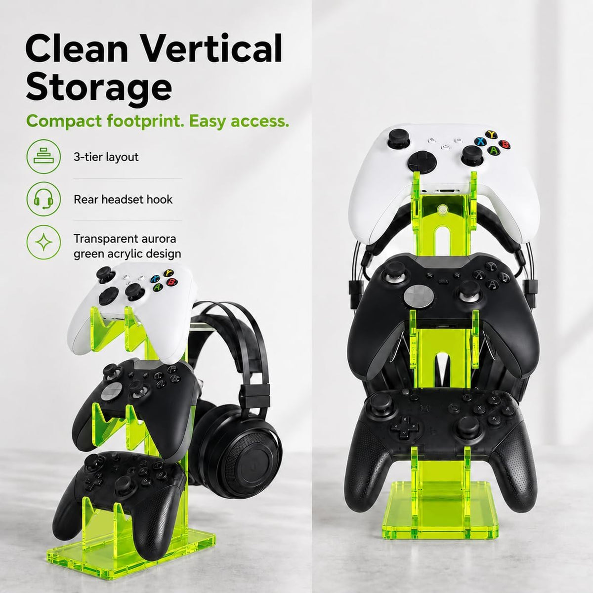 Aurora Green 2 Pack 3-Tier Controller Holder & Headset Stand for PS5, Xbox - Image 5