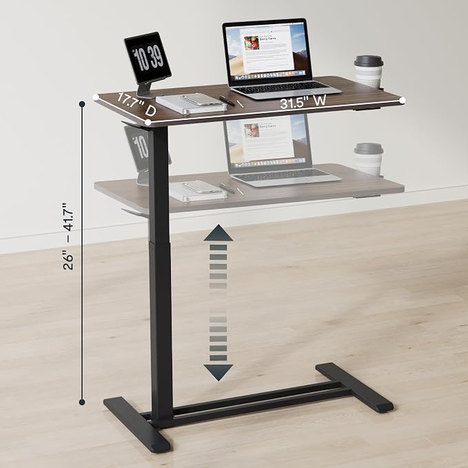 FLEXISPOT H7 32" Pneumatic Height-Adjustable Overbed Table with Wheels | C-shaped bedside table,Medical End Table,Rolling Cart TV Tray,Laptop desk for Hospital Home use,31.5"W x 17.7"D,Mahogany - Image 3