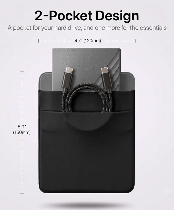 2-Pocket SSD & Hard Drive Holder for Laptop, Reusable 3M Adhesive | Stick-On Sleeve for 2.5-Inch External HDDs & SSDs | 5.9 x 4.7-Inch Pouch | Separate Pocket for Cables | Built-In Safety Strap - Image 2