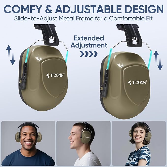 TICONN Noise Cancelling Ear Muffs for Adults, SNR 33dB Hearing Protection, Adjustable Safety Earmuffs for Construction - Image 3