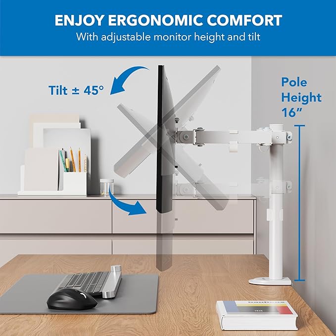 Mount-It! Single Monitor Arm Desk Mount, 17-32", White | Full motion with tilt, rotation, swivel & height adjustment along pole, clamp or grommet, VESA 75/100. - Image 3