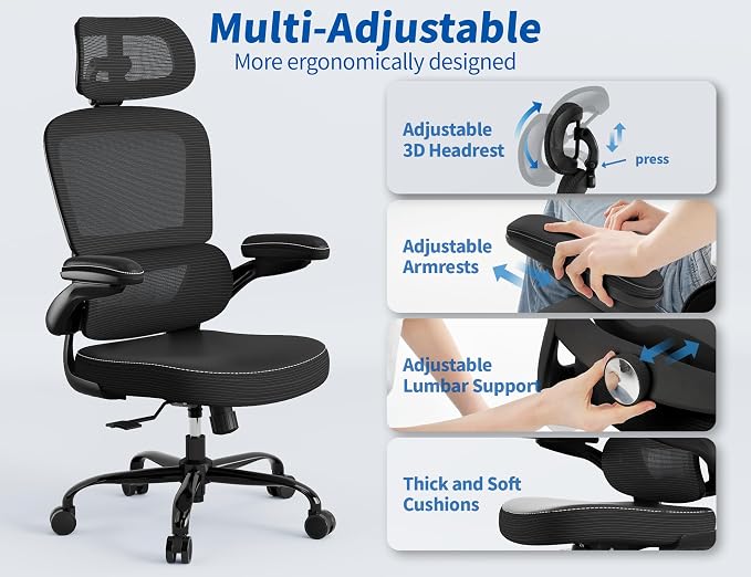 TRALT Ergonomic Office Chair Desk Chair with Adjustable Lumbar Support | Home Office Desk Chairs with Flip-up Armrests & 3D Headrest - Mesh Gaming Chair for Adults, 330lbs, PU Leather (Black, 3) - Image 7