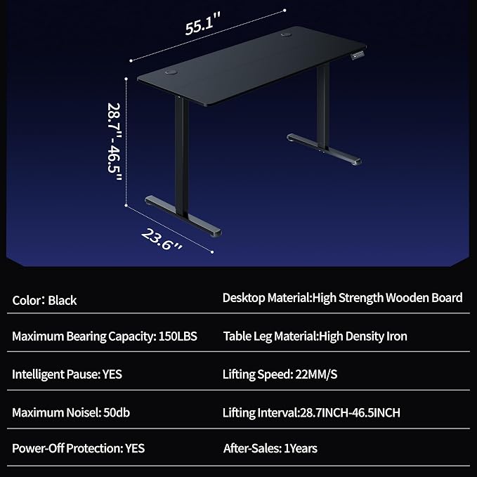 Shintenchi Standing Desk, 55x24 Inch Height Adjustable Electric Sit Stand up Desk, Ergonomic Rising Computer Table, Modern Lift Gaming Desk Workstation for Home Office, White - Image 5