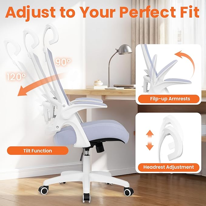 NEO CHAIR Office Desk Chair with Ergonomic High Back Mesh Headrest, Purple | Adjustable Headrest and Lumbar Support with Flip-Up Armrests Designed for Extended Sitting Comfort While Saving Space - Image 5