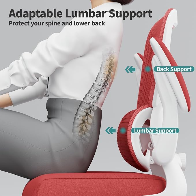 TRALT Office Chair - Ergonomic Desk Chair with Adjustable Lumbar Support, Mesh Computer Chair, Executive Chair for Home Office Comfortable Lumbar Support (1, White Red) - Image 6