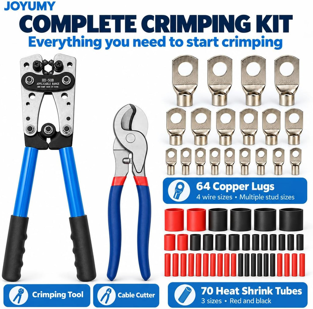 Battery Cable Lug Crimping Tool Kit, AWG 10-1/0 Gauge Wire Crimper, Battery Cable Crimper Tool with Cable Cutter, 64pcs Copper Wire Lugs, 70pcs Heat Shrink Tubes - Image 5