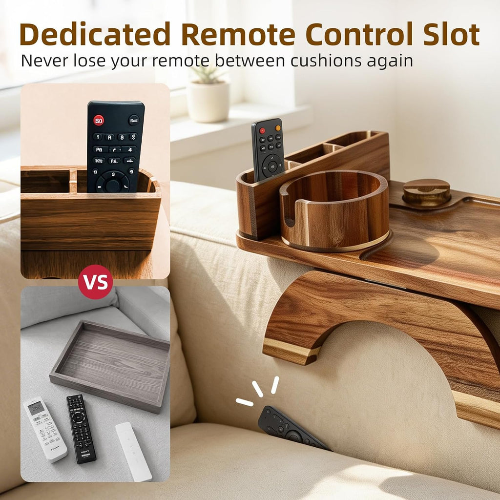 Couch Armrest Table, 4-in-1 Solid Acacia Wood Non-Slip Sofa Armrest Tray with Cup Holder, Phone Stand & Remote Control Slot for Drinks, Snacks & Remotes - Image 4