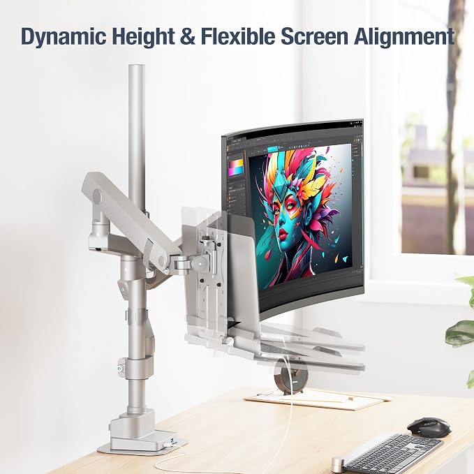 AVLT Laptop & 40 Inch Monitor Arm Pole Top Mount with USB-C&A Ports - Gray | VESA Compatible, Supports 26.4 lbs (12 kg), Ultrawide Screen Fit, Adjustable Height, Tilt Swivel Rotate, Cable Management - Image 8
