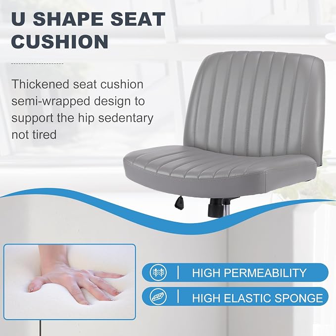 OLIXIS Criss Cross Chair, Vanity Chair, Home Office Desk | Armless No Wheels Wide Seat, Height Adjustable Swivel, Faux Leather, Bedroom Student Study, Grey Dual Base - Image 9
