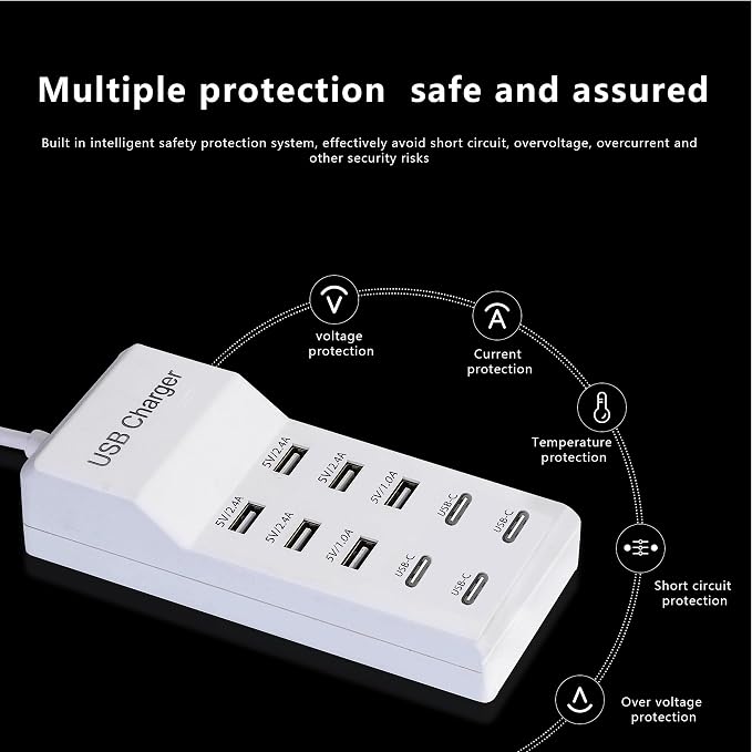 USB Charger,50W USB Charging Station with 10-Port (6 USB-A Port & 4 USB-C Port) Compatible with iPhone 15/14/13/13pro Max 12/12 Mini/12Pro/12 Pro Max/11,Tablets, Smartphones White | Desktop Charging Station - Image 5