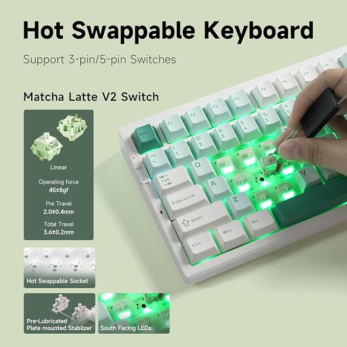 MCHOSE G75 PRO 75% Wireless Mechanical Keyboard, TKL Keyboards Tri-Mode BT5.0/2.4GHz/USB-C, Hot Swap Custom Creamy Keyboards Linear Switch, Double Shot PBT Keycaps RGB LED Backlit, White&Green - Image 5