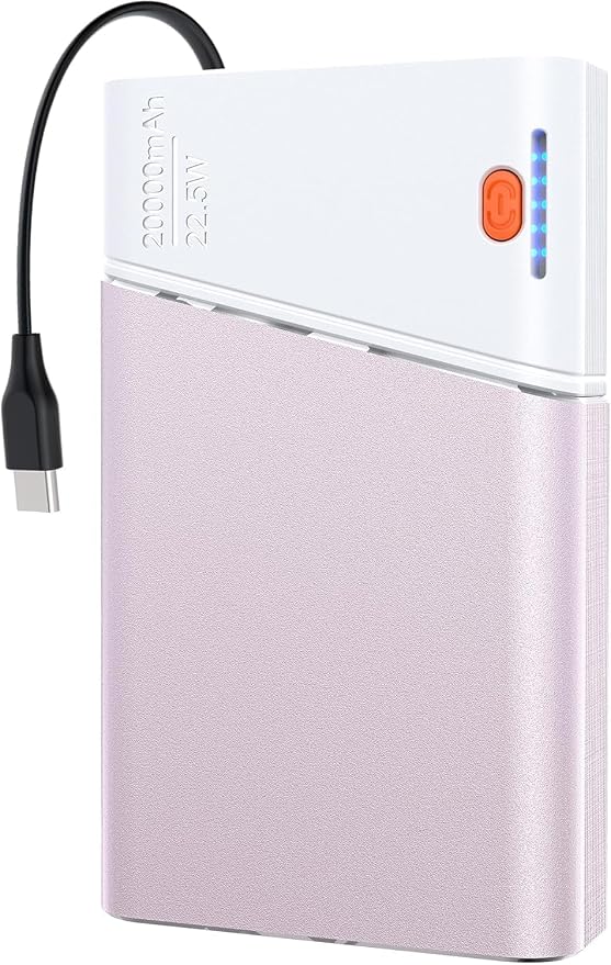 Aaoyun 20000mAh Portable Charger, 22.5W PD Fast Charging Power Bank with Built-in USB C Cable, Slim External Battery Pack Compatible with iPhone 17 16 15 Pro Max, Plus, Samsung S24 Ultra, iPad, Pink by Aaoyun
