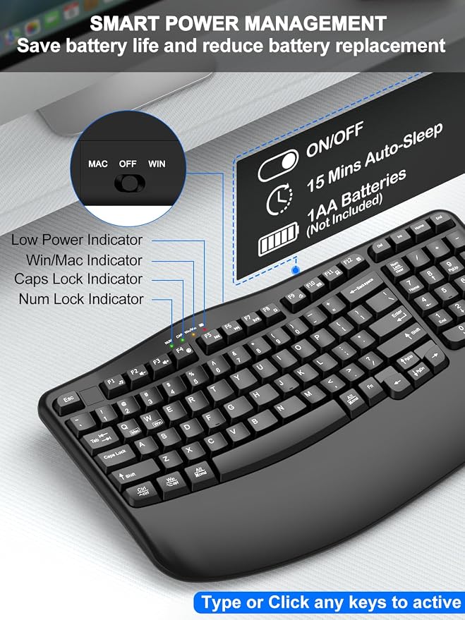 EDJO Wireless Ergonomic Keyboard with Wrist Rest, Wave Keys | Comfortable Natural Typing, Multimedia Hotkeys,2.4GHz,For Large Hands,Windows, Mac, Laptop, PC - Image 7