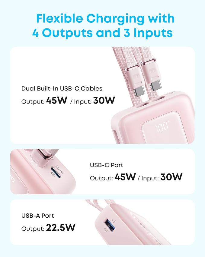 Anker Power Bank,20,000mAh 45W Portable Charger,Dual Built-in USB-C Cables | 20,000mAh Portable Charger with 45W Max Fast Charging, USB-C and USB-A Ports for iPhone 17 Series, Galaxy, MacBook, and More - Image 8