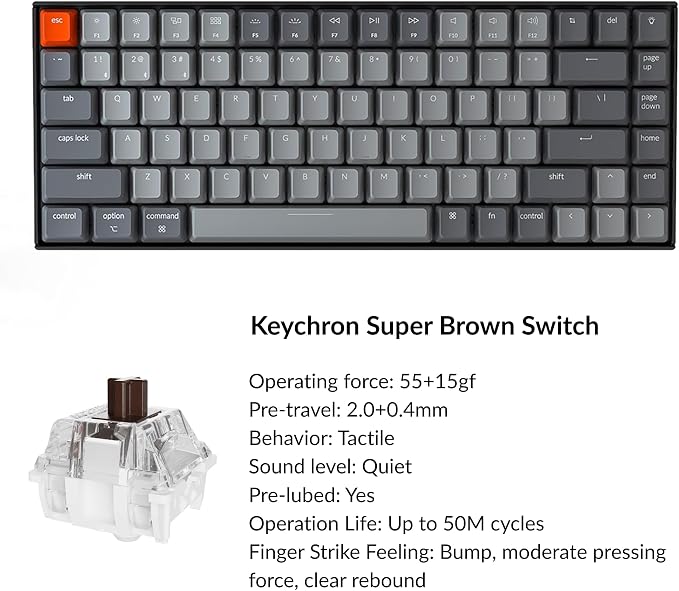 Keychron K2 75% Layout Bluetooth Wireless Mechanical Keyboard Super Switch/White LED Backlit/USB C/Anti Ghosting/N-Key Rollover, 84 Keys Gaming Keyboard for Mac Windows-Version 2 - Image 6